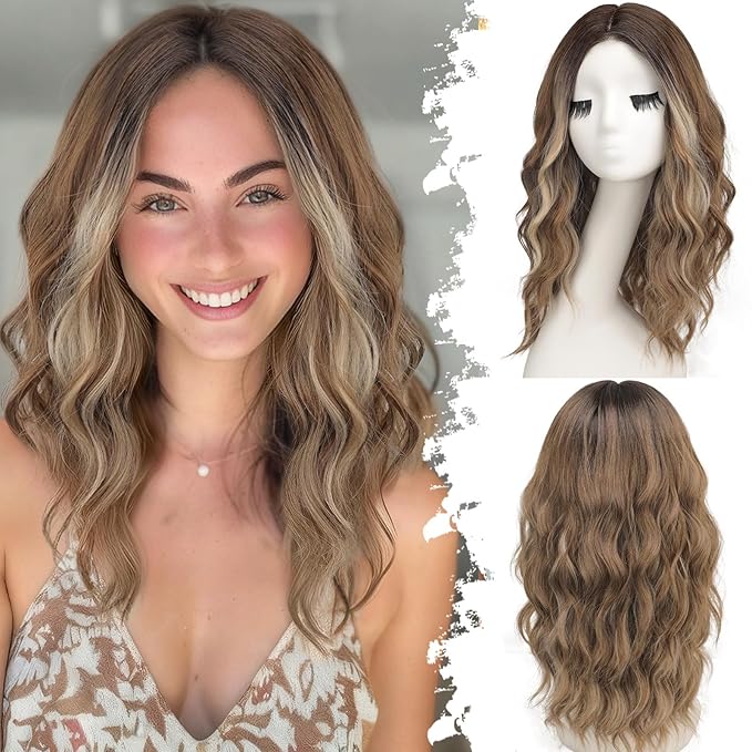 Ombre Light Brown With Blonde Short Wavy Wig for Women Lace Hairline Bob Style Synthetic Heat Resistant - Natural Appearance for Everyday Hairstyle 18 Inch