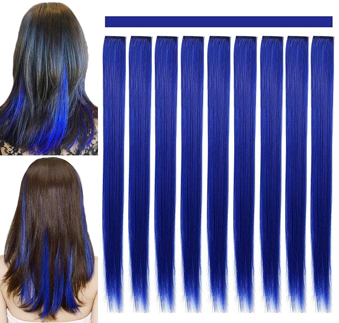 10 PCS 20 inch Colorful Party Highlights Clip in Blue Hair Extensions Multicolors Straight Synthetic Hairpieces for Women Kids Girls Wig Pieces (Blue)