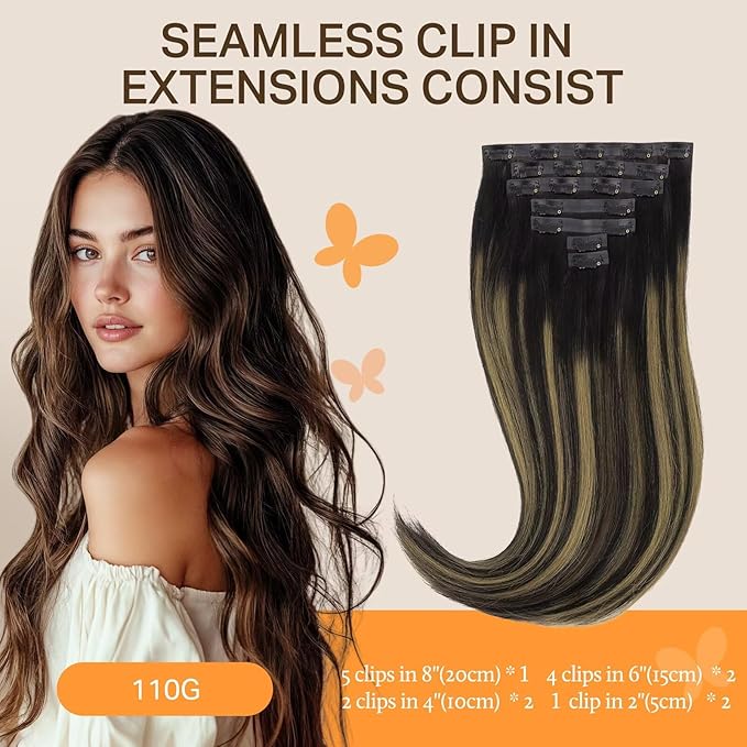 DOORES Seamless Clip-in Hair Extensions, Real Human Hair, Natural Black & Mixed Chestnut Brown, 110g, 7pcs, 20 Inch Straight, Invisi Edge