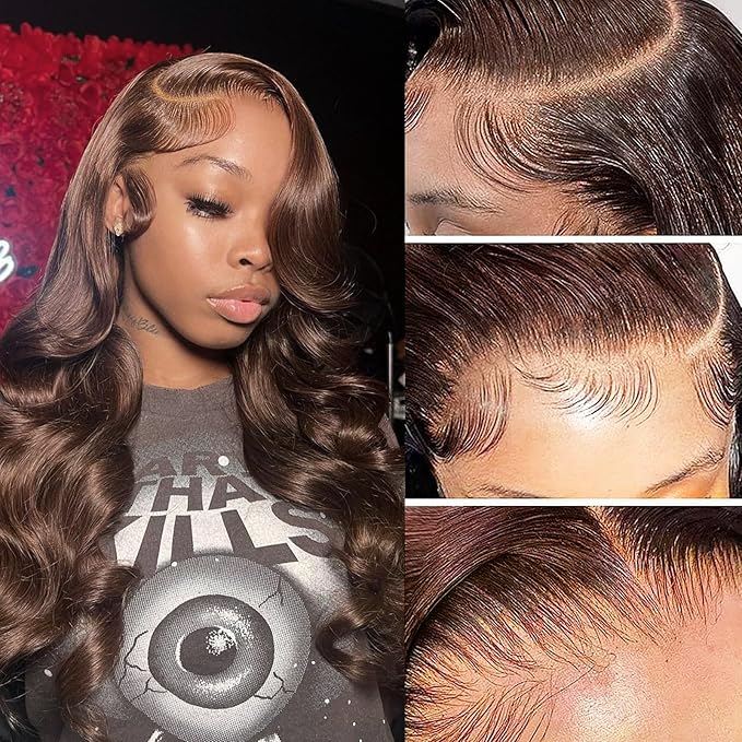 Chocolate Brown 13×6 Body Wave Lace Front Wigs Human Hair 16Inch 180% Density HD Lace Frontal Wigs Human Hair Pre Plucked Colored Wigs for Women