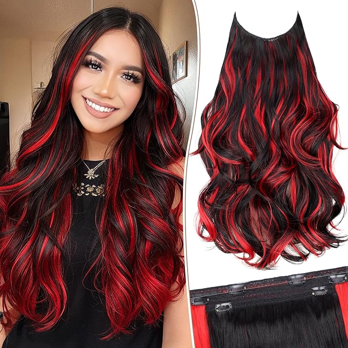 KooKaStyle Invisible Wire Hair Extensions 20"Long Wavy Layered Synthetic Clip in with Adjustable Size 6 Secure Clips Black with Red Highlights Thick Hairpieces for Women 20 Inch
