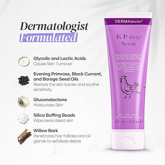 DERMAdoctor KP Bump Eraser Body Scrub with 10% AHAs + PHAs for Keratosis Pilaris, Dry, Rough, and Bumpy Skin, Dermatologist Formulated Exfoliating Body Scrub with Glycolic and Lactic acids - 8 Fl oz