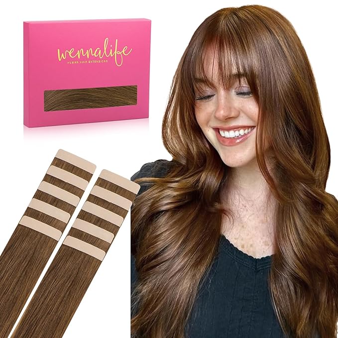 Wennalife Tape in Hair Extensions Human Hair Light Auburn Brown Tape in Extensions, 10pcs 30g 26 inch Remy Invisible Tape Ins Straight Colored Soft Real Human Hair Tape in Extensions Refill Set