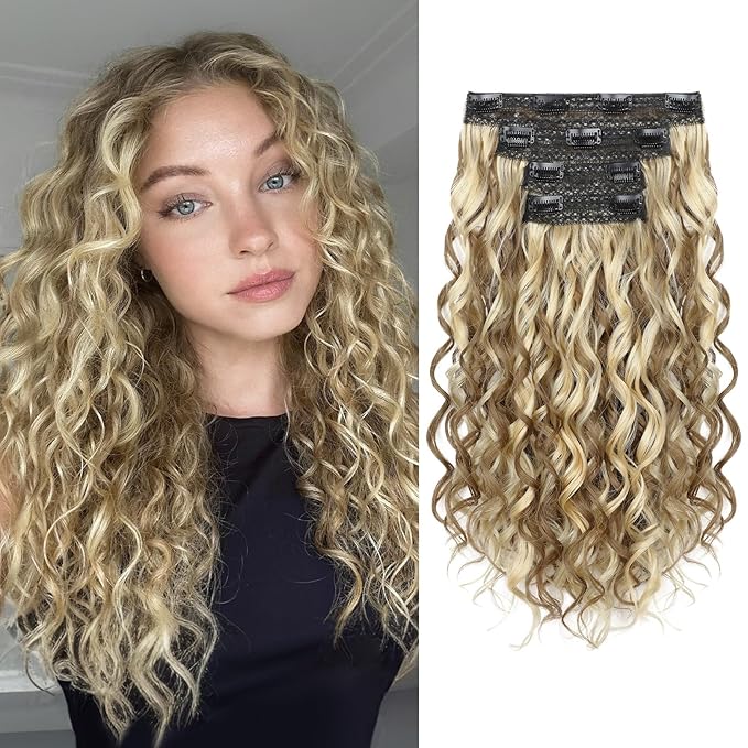 REECHO Curly Hair Extensions, 4PCS 16 inch Clip in Hair Extensions Lace Weft Short Curly Extension Clip Ins Invisible Natural Hairpieces for Women, Dark Ash Brown with Highlights
