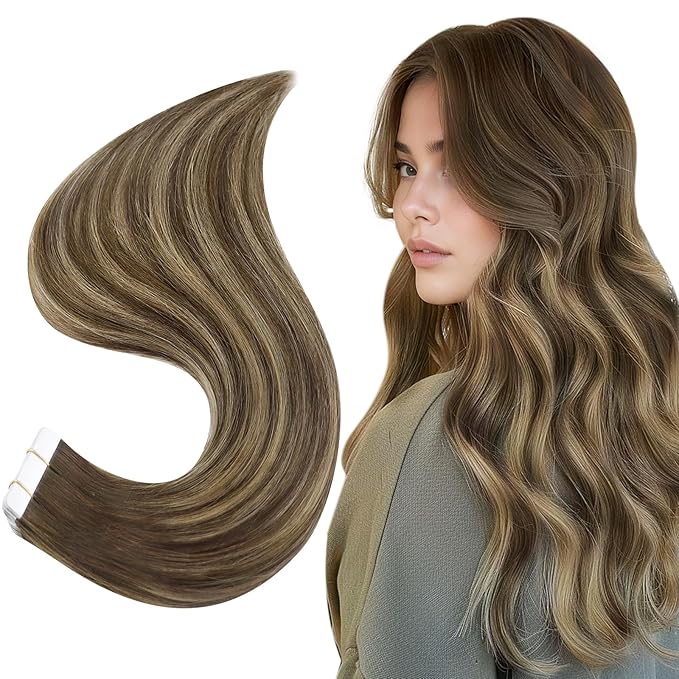 Full Shine Tape in Hair Extensions Human Hair 18Inch Medium Brown Fading to Brown Highlight 4/24/4 Invisible Tape in Hair Extensions 20Pcs Remy Straight Hair Extensions Tape in 50Grams