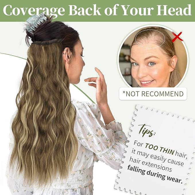 KooKaStyle Invisible Wire Hair Extensions with Transparent Headband Adjustable Size 4 Secure Clips Long Wavy Secret Wire Hairpiece 20 Inch for Women(Medium Brown with Blonde)626D#