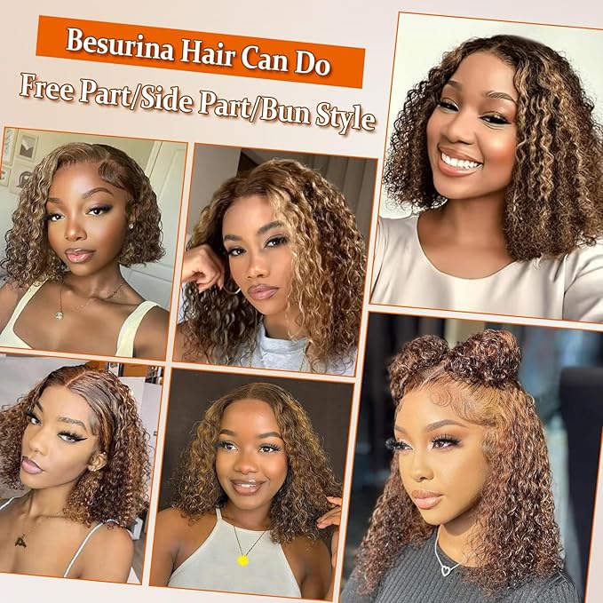 13x4 Honey Blonde Wig Human Hair #4/27 Highlight Ombre Lace Front Wig Human Hair 12 Inch Kinky Curly Bob Colored Wigs for Black Women 180% Density