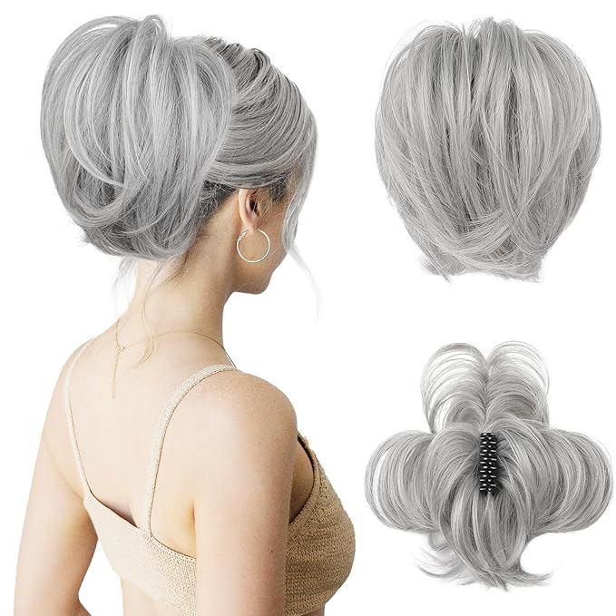 HOOJIH Messy Bun Hair Piece, Claw Clip in Straight Hair Bun 9 Inch Short Ponytail Extension with Bendable Metal Wire Hair Pieces for Women Fake Hair Bun DIY Styles - Silver Gray With Brown mixed
