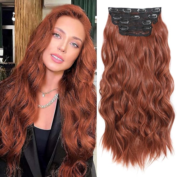 Clip in Hair Extensions 4 PCS 20 Inch Auburn Long Wavy Hair Extensions, Natural Soft Hair Double Weft Hairpieces for Women (350#, 20INCH)