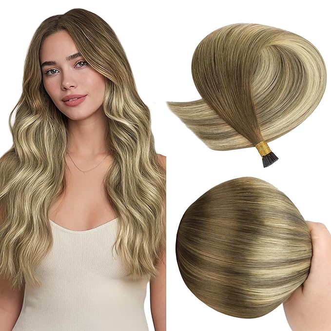 GOO GOO I Tip Hair Extensions, Real Human Hair, 14inch 50g 100S, Cold Fusion I Tip, Invisible Remy, 3/8/613 Balayage Walnut Brown to Ash Brown and Bleach Blonde
