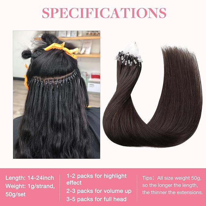 GOO GOO Micro Link Tip Hair Extensions Real Human Hair, 22inch 50g 50S, Invisible Remy Cold Fusion Micro Link Tip Hair Extensions, 2A Light Brown