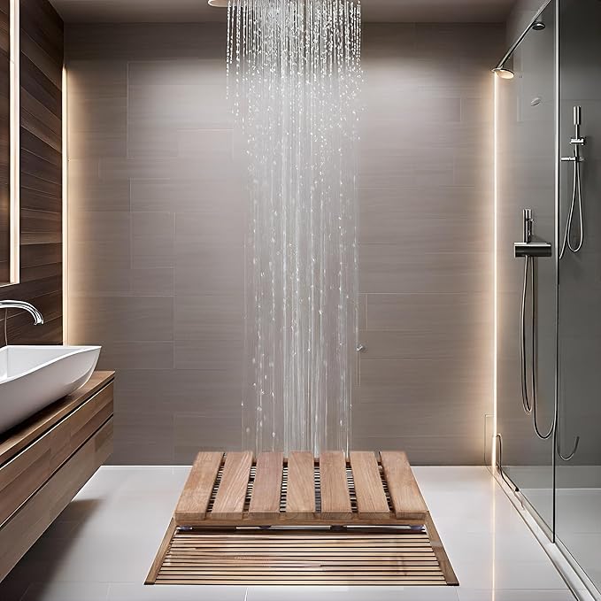 Natural Teak Wood Shower Bath Mat,23.43 * 16.73 Inches,Non-Slip Rubber Feet, Premium Wooden Floor Mats for Spa, Sauna, Pool and Hot Tub, Flooring Decor and Protector, Indoor and Outdoor Use