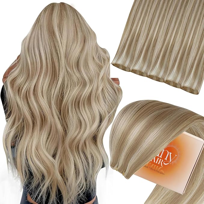 Sunny Hair Genius Weft Extensions 22inch Genius Weft Hair Extensions Real Human Hair Golden Blonde Highlighted Light Blonde Handtied Wefts Hair Extension Remy Hair for Women