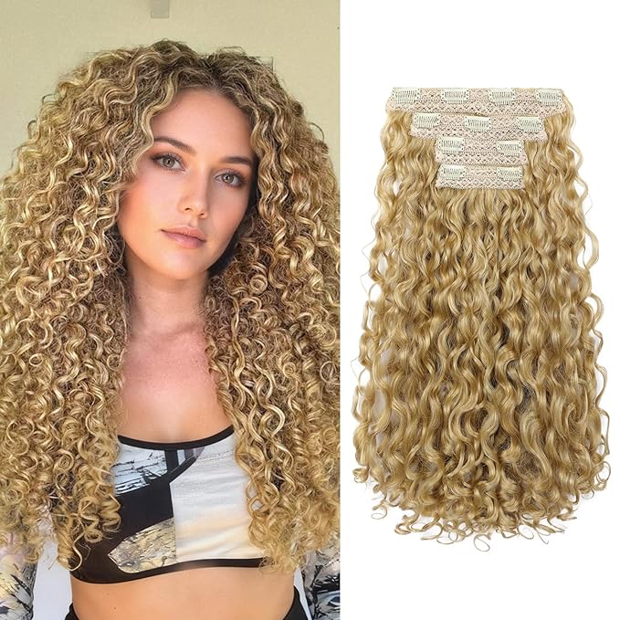 REECHO Curly Hair Extensions - 4PCS 18" GoGo Curly Clip in Hair Extensions 100% Super Protein Hairpieces with Invisible Lace Weft Silky Soft Natural Look for Women - Honey Blonde