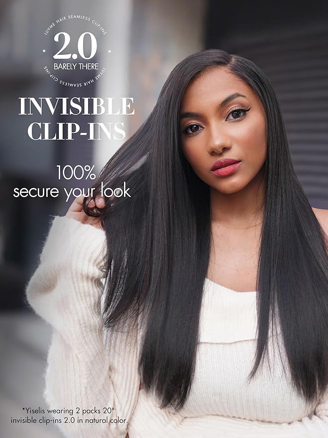 LUVME Invisible Clip in Hair Extensions, Yaki Straight Real Human Hair Remy Hair Clip ins for Women, Natural Human Hair, 16 inch 110g 6Pcs, Natural Black