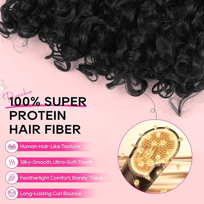 REECHO Curly Hair Extensions - 4PCS 18" GoGo Curly Clip in Hair Extensions 100% Super Protein Hairpieces with Invisible Lace Weft Silky Soft Natural Look for Women - Natural Black