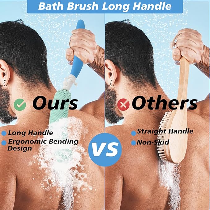 15.35" Back Bath Brush with Sponge,Back Scrubber Bath Mesh with Curved Long Handle Bath Body Brush for Elderly Aid Bathing and Shower