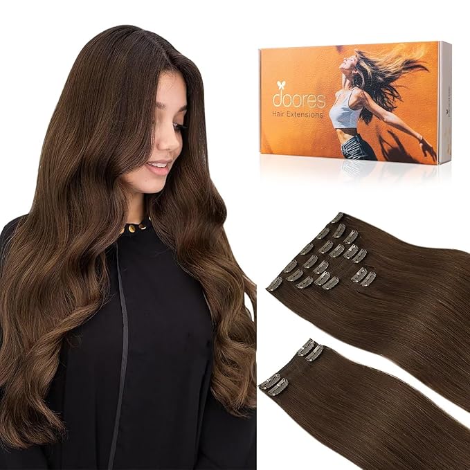 DOORES Human Hair Clip Extensions, Chocolate Brown 150g 9pcs 16 Inch, Remy Human Hair Extensions Natural Straight