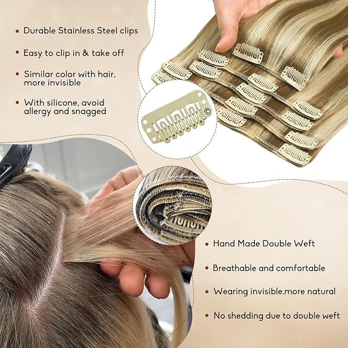 Clip in Hair Extensions Real Human Hair 16Inch 8pcs 90g Seamless Balayage Blonde Hair Extensions Clip Ins Double Weft Light Blonde Highlight Golden Blonde Invisible Straight Remy Human Hair for Women