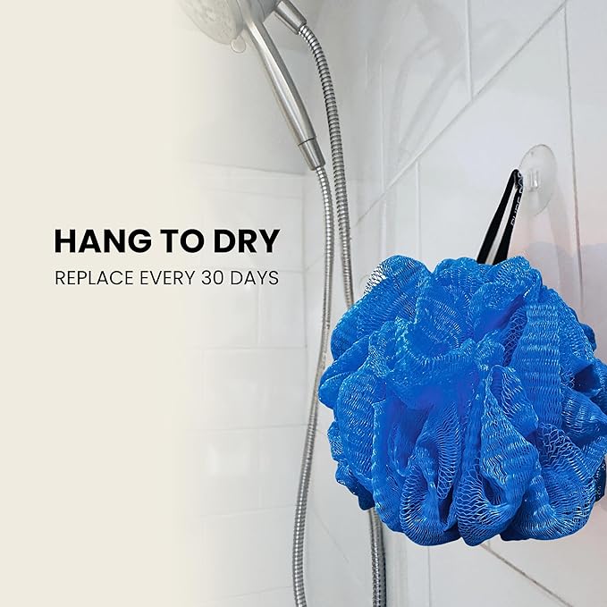 Large Blue Bath Sponge Pack of 3 – Gentle Exfoliation Loofahs with Suction Cup, 70G Mesh Poufs for All Skin Types, Lather for Daily Use