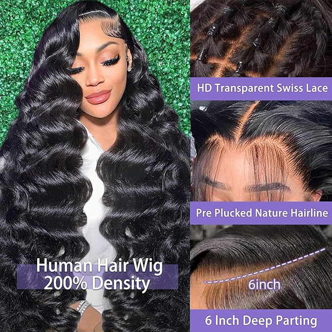 13x6 Lace Front Wigs Human Hair 200 Density Body Wave HD Lace Front Wigs Human Hair Pre Plucked Natural Color Glueless Wigs for Women 16 Inch