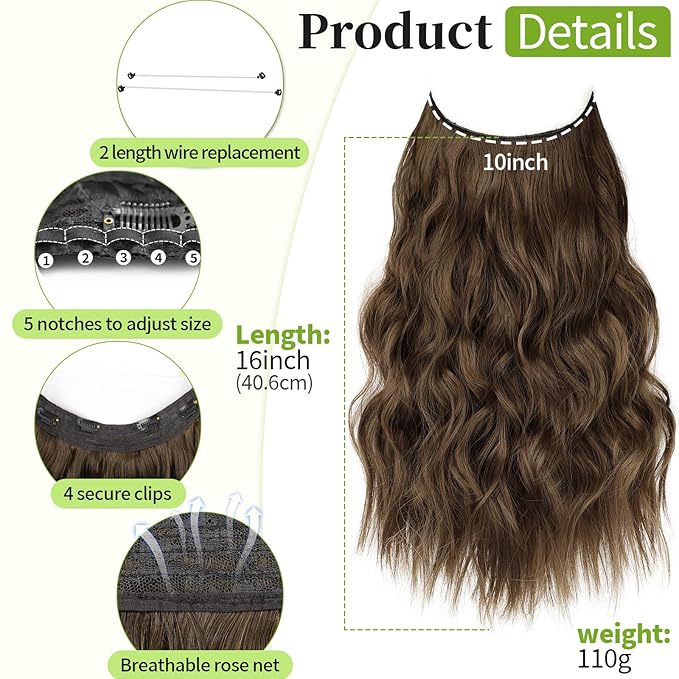 KooKaStyle Invisible Wire Hair Extensions with Transparent Headband Adjustable Size 4 Secure Clips Long Wavy Secret Wire Hairpiece for Women (16 Inch, Chestnut Brown)