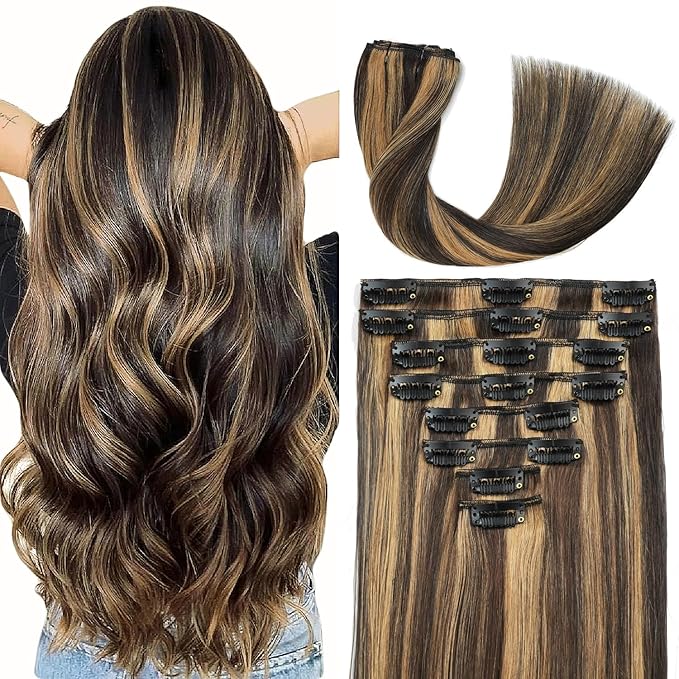Clip in Hair Extensions Real Human Hair 20inch 8pcs 105g Seamless Balayage Dark Brown Hair Extensions Clip Ins Double Weft Dark Brown Highlight Chestnut Brown Invisible Straight Remy Human Hair