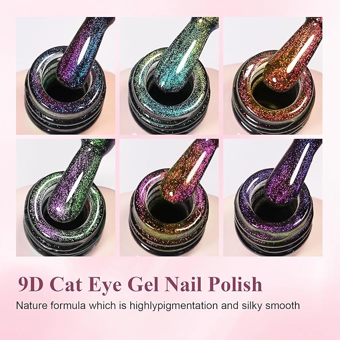 Imtiti 6Pcs 9D Cat Eye Gel Nail Polish Kit 10ml Long Lasting Soak Off UV LED Magnetic Polish for Nail Art Salon DIY at Home Gift for Women