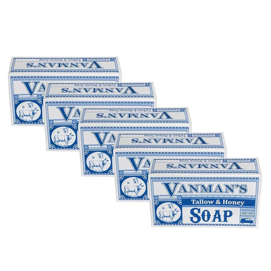 VanMan Beef Tallow and Honey Bar Soap – Pure Grass-Fed Beef Tallow for Skin with Vanilla Oil, Raw Honey & Distilled Water, Hydrating & Nourishing, Vanilla Scent, Clean Ingredients, 3.8oz - 5 Pack