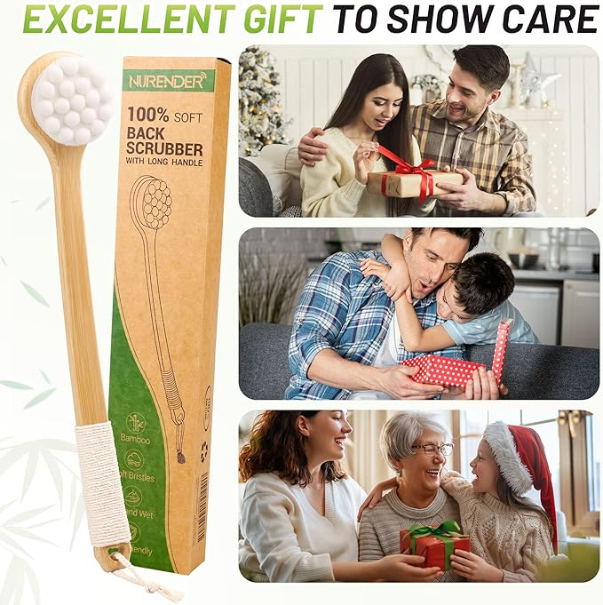 Back Brush for Shower, 17.32'' Long Handle Soft Bristles for Sensitive Skin, Effective for Cleansing, Non Slip Grip, Wall Mounted Dry Quickly, Exfoliation Body Scrubber for Men/Women/Elderly