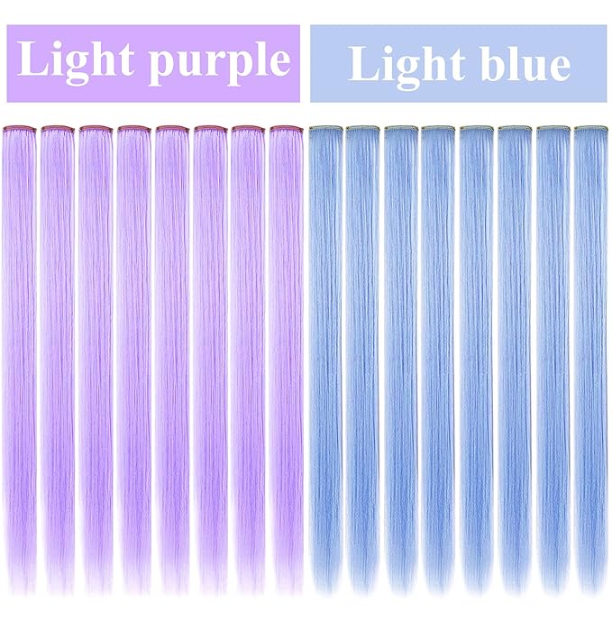 Rhyme Multi-colored Hair Extensions for Kids 21" Colored Clip in Hair Extensions Girls Hair Clips Party Highlights Hair Accessories 12 PCS (Light blue,Light purple)