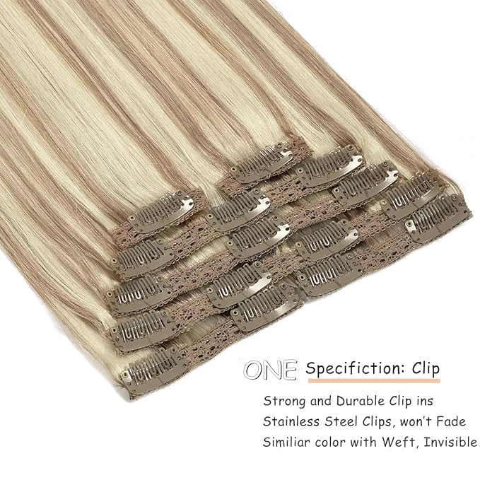 Caliee Human Hair Clip in Hair Extensions Highlight Golden Brown #10 and Bleach Blonde #613 Real Human Hair Silky Straight Clip in Double Weft Lace Clip ins 120g 16inch