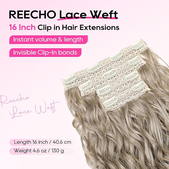 REECHO Curly Hair Extensions, 4PCS 16 inch Clip in Hair Extensions Lace Weft Short Curly Extension Clip Ins Invisible Natural Hairpieces for Women, Glazed Mocha to Blonde