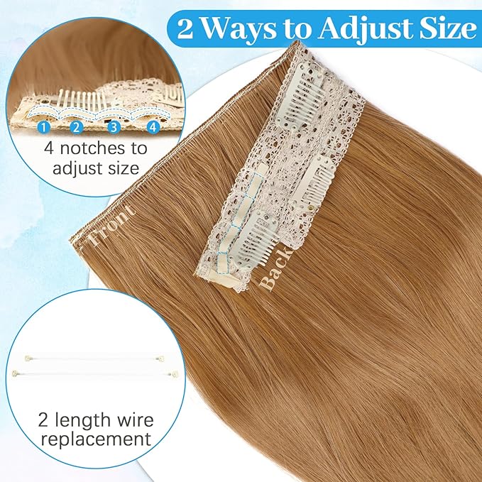 KooKaStyle Invisible Wire Hair Extensions Long Wavy Layered Synthetic Hair Extensions with Transparent Wire Adjustable Size 6 Secure Clips Strawberry Blonde Hairpieces for Women 20 Inch
