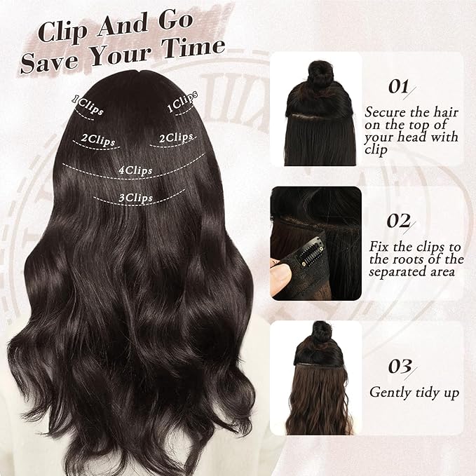 BARSDAR Beach Wavy Dark Brown Clip in Hair Extensions – 6 PCS Dark Brown Wavy Clip in Hair Extensions for Women - Thick Soft Synthetic Full Head Long Voluminous Easy Wear Hairpieces Daily Party