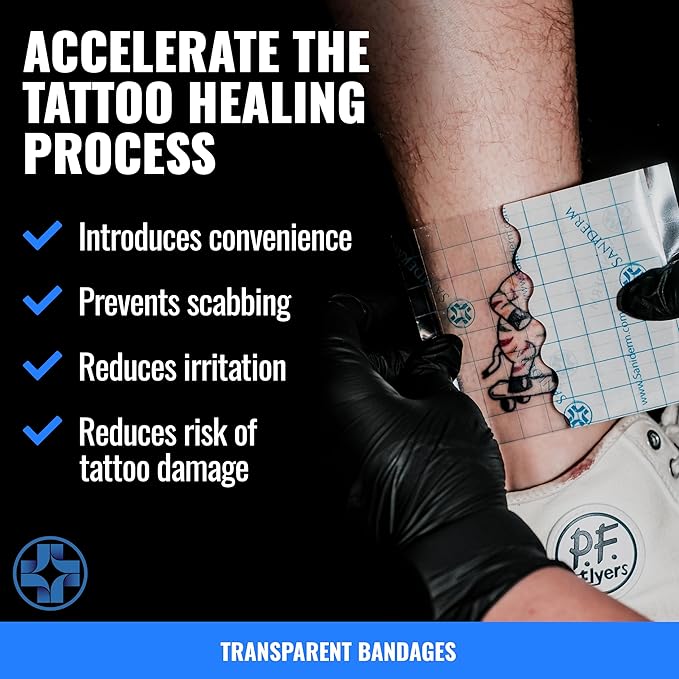 Saniderm Tattoo Aftercare Bandage 3 Sheets (Large Pack, 8 in x 10 in) – Convenient, Faster Tattoo Healing and Protection – Sterile, Waterproof, and Latex-Free