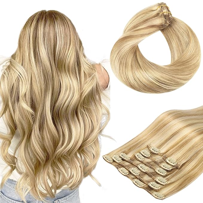 HOTBANANA Human Hair Clip in Hair Extensions, Balayage Light Blonde Highlighted Golden Blonde 75g Clip in Hair Extensions Real Human Hair Straight Remy Hair Extensions 12 Inch 7pcs