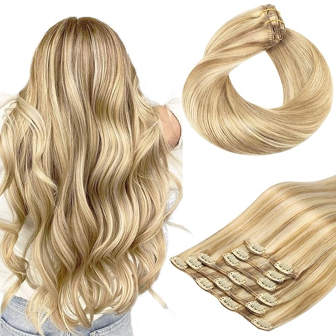 Clip in Hair Extensions, hotbanana Light Blonde Highlighted Golden Blonde 120g Clip in Hair Extensions Real Human Hair Straight Remy Hair Clip in Hair Extensions 22 inch 7pcs