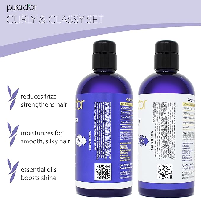PURA D'OR Curly & Classy Shampoo (16oz) with Argan Oil, Castor Oil, Geranium Oil and Bergamot - Nourishing and Hydrating Formula for Luscious Curls
