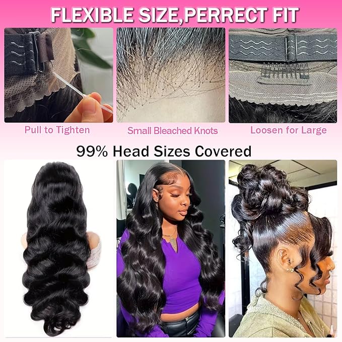 Aicrelery Hidden Strap 360 Lace Front Wigs Human Hair Body Wave HD Lace Front Wigs Pre Plucked with Baby Hair Drawstring 360 Frontal Glueless Wigs for Women 180 Density 360 Lace Wig 18 inch