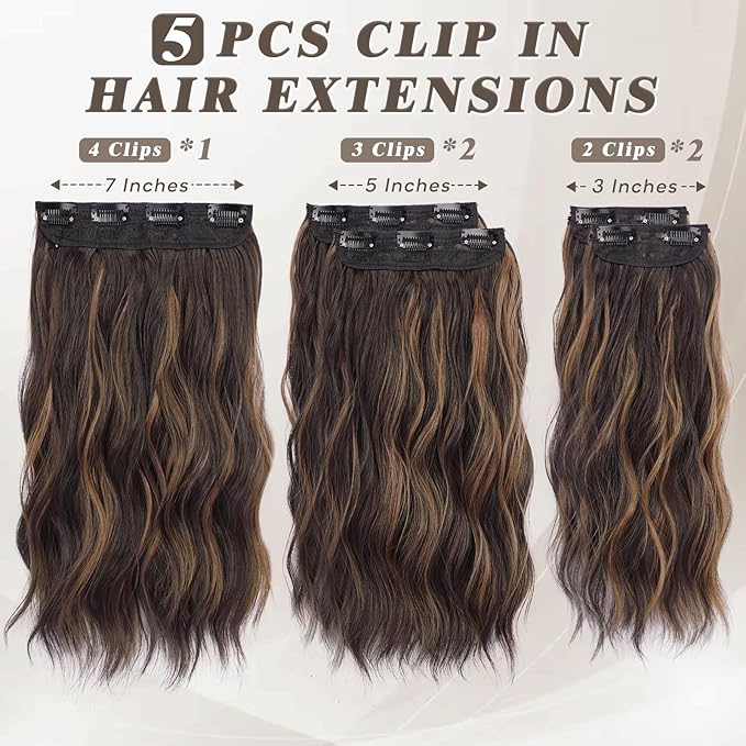 BARSDAR Short Wavy Clip in Hair Extensions - 14 Inch Dark Brown Blonde Highlights Hair Extensions for Women - 5PCs Thick Soft Synthetic Loose Wavy Clip in Hairpieces – Dark Brown with Highlights