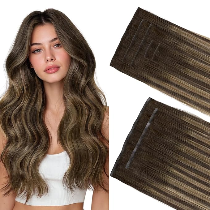 GOO GOO Invisi Edge Clip in Hair Extensions Set, 18inch 120g, 5pcs Injected Seamless PU Clip ins and 2pcs Classical PU Clip ins Virgin Real Human Hair, #(T4/27) P4