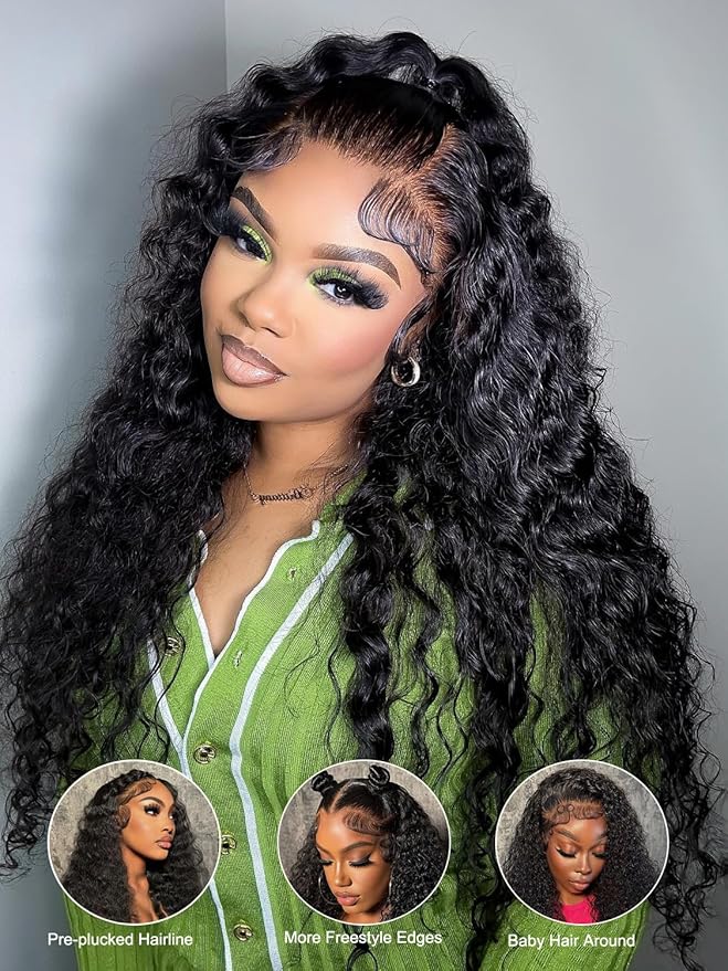 ORIGINAL QUEEN Water Wave Lace Front Wigs Human Hair 200 Density 13x6 Lace Frontal Wig Curly Human Hair Wigs for Women Pre Plucked Pre Bleached Knots Natural Color 30Inch