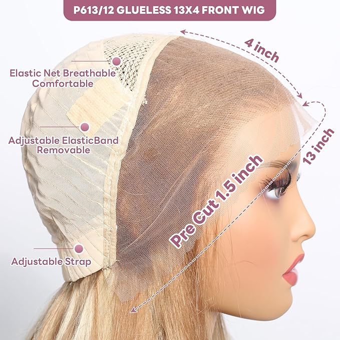 P12/613 Bob Wig Human Hair 13x4 Ready to Go Highlight 12A P12/613 Lace Front Wigs Human Hair 210% Density HD Lace Front Wig Pre Plucked (10inch, 13X4 Bob Wig)