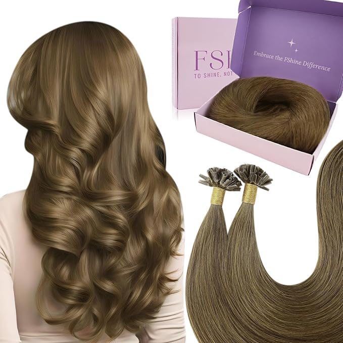 Fshine Middle Brown Nail Tip Human Hair Extensions 14 Inch Keratin Bondings Hair Extensions Soft Human Hair Chocolate Brown U Tip Hair Extensions Straight Hair 40g/50s