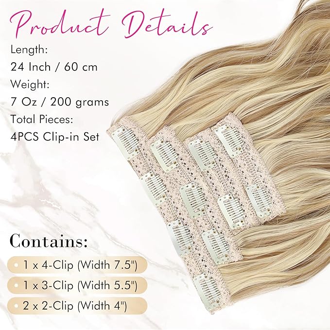 REECHO Clip in Hair Extensions, 4PCS Hair Extensions 24" Thick Long Beach Waves hair extensions HE003 Invisible Lace Weft – Medium Blonde with Blonde Highlights