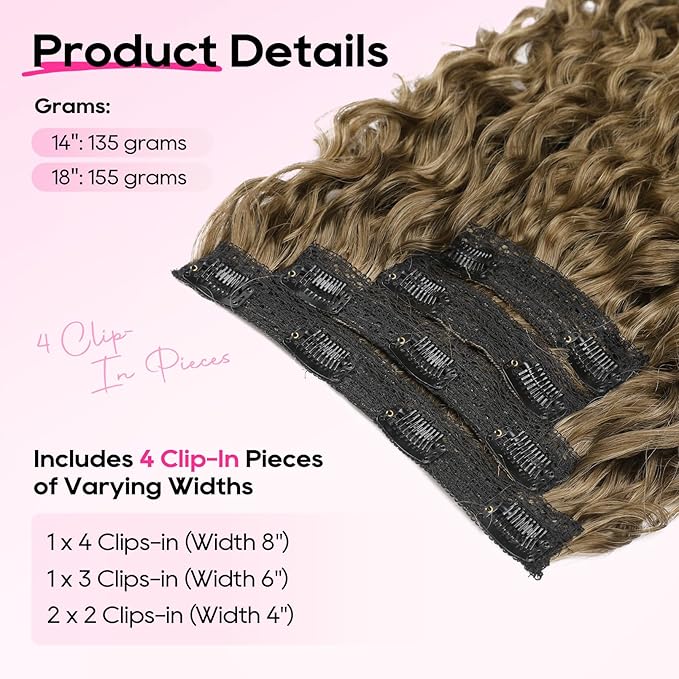 REECHO Curly Hair Extensions - 4PCS 18" GoGo Curly Clip in Hair Extensions 100% Super Protein Hairpieces with Invisible Lace Weft Silky Soft Natural Look for Women - Light Golden Brown with Light Ends