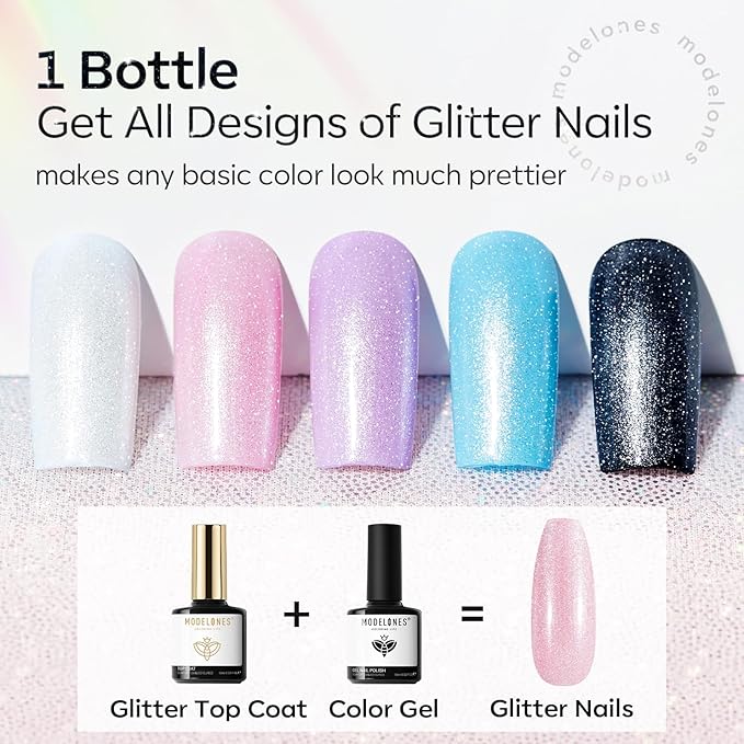 modelones Glitter Gel Top Coat, Ultra Fine White Aurora Clear Glitter Gel Polish Glossy Sparkle Finish Long Lasting Soak Off Pearlescent Shimmer Manicure Nail Art Gift for Women Girls