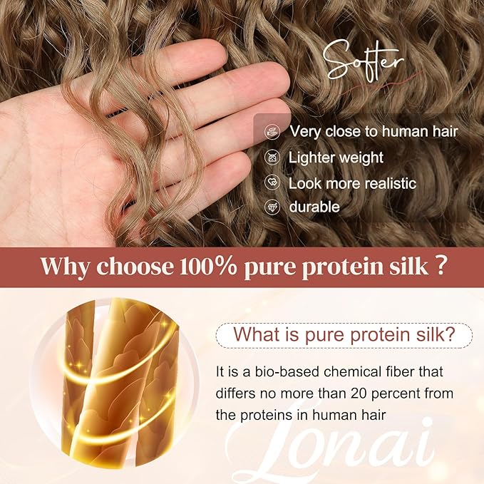 LONAI 4PC Clip in Hair Extensions, 100％ Pure Protein Silk Curly Hair Extension for Women, 26 Inch Long Soft Natural Hair Extensions-Deep Dirty Blonde