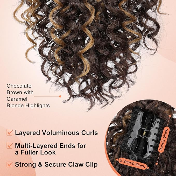 SEIKEA Ponytail Extension, 18" Claw Clip Ponytail Extension Wavy Curly Jaw Clip in Ponytail Hair Extensions Fluffy Natural Soft Fake Pony Tails Synthetic Hairpiece Chocolate Brown/Caramel Blonde